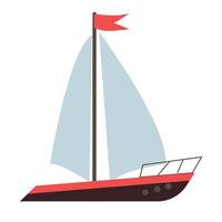 Simple flat illustration of red and black sailboat with blue sails and red flag isolated on white background vector