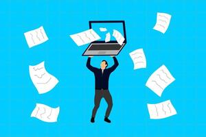 Minimalist illustration of a businessman in a suit and tie holding a large laptop and laptop emitting documents over his head symbolizing time pressure and workload vector