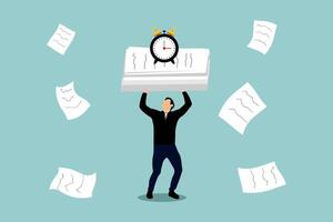 Minimalist illustration of a businessman in a suit and tie holding a large stack of documents with an alarm clock over his head symbolizing time pressure and workload vector