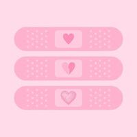 Three pink band-aids with heart shapes. Minimalist design featuring broken, sketched, and solid heart styles. Cute and aesthetic medical patch illustration for love, healing, and self-care concepts. vector