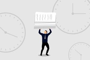 Minimalist illustration of a businessman in a suit and tie holding a large stack of documents over his head. Background features multiple clock illustrations, symbolizing time pressure and work vector