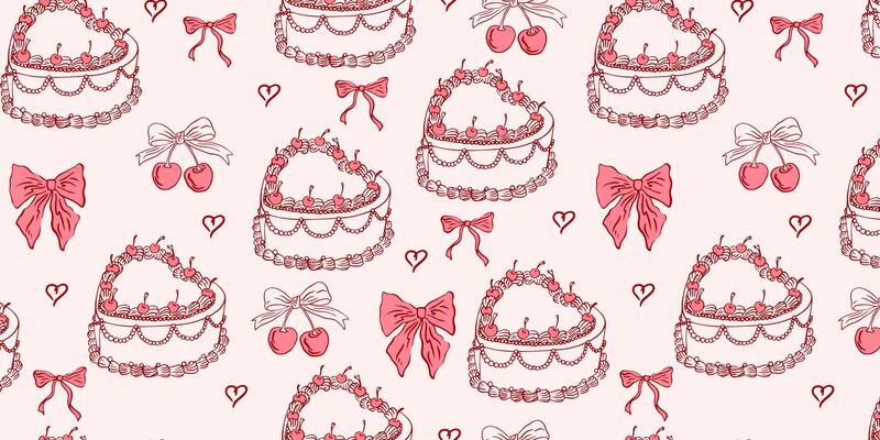 Seamless pattern with coquette cakes cherry, bows. Hand drawn vintage background with girly aesthetic element for Valentine's day, wedding, birthday. Trendy print for wrapping paper, fabric, textile.