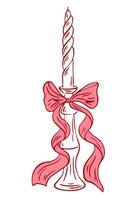 Hand drawn candle with ribbons and bow. Coquette core symbols for Valentine day and wedding invitations. Vintage minimalist bowknot in simple sketch style. Elegant lineart illustration vector