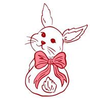 Easter bunny with bow in hand drawn coquette style. Spring cute animal in simple sketch style. Vintage girly decoration. Whimsical illustration, for invitation and banner for holidays. vector
