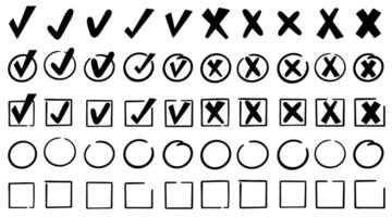 Check marks doodle set. Vote, yes, no, checkbox, checklist, tick and cross signs, v and x drawn concept. Hand drawn marker sketch style illustration, vector