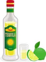 Mexican bottle of tequila, tequila shot and sliced lime. Cinco de Mayo Mexican party with drinks. Tequila drink with bottle and glass for drinking Mexican beverage and lime. vector
