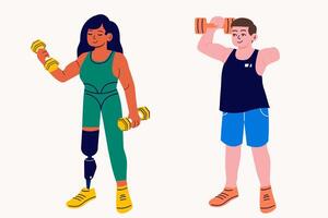 A man with an amputated arm and a woman with a prosthesis are exercising with dumbbells, fitness equipment vector