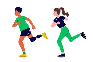 Man with prosthesis and woman with amputated arm running. Healthy lifestyle concept. vector