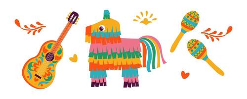 Cinco de Mayo, party elements pinatas, a guitar, maracas isolate on white background for banner ,card or sticker design vector