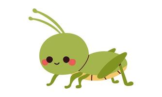 Grasshopper with smiling face. Green insect cartoon character. Flat hand drawn illustration isolate on white for children book , card banner or fabric print. vector