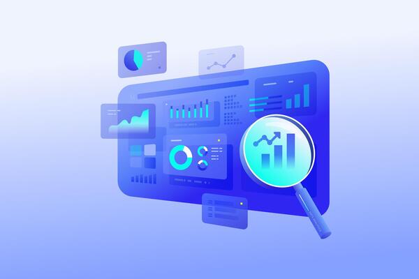 Data analytics concept illustration with search blue dashboard digital visualization business technology