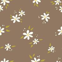 Spring pattern with white daisy flowers on a brown background with leaves and dots. Seamless texture vector