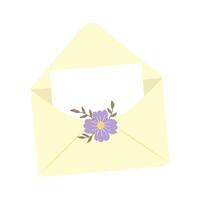 An open letter in a yellow paper envelope decorated with a flower and leaves. vector