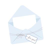 An open letter in a blue paper envelope tied with a string with a bow and a tag with the inscription for you vector