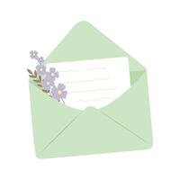 An open letter in a green paper envelope with plants, a flower and leaves enclosed. vector