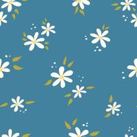Summer pattern with white daisy flowers on a blue background with leaves and dots. Seamless texture vector