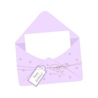 An open letter in a purple polka dot envelope, tied with a string with a bow and a tag with the text happy birthday. vector