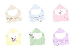 A set of open envelopes with a letter, decorated with flowers and leaves, tied with thread with tags and text vector