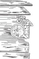 Black and white line art Cup of coffee on wood texture vertical background vector