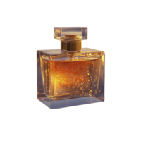 square glass perfume bottle with golden liquid inside, radiating elegance and luxury. shimmering effect adds touch of sophistication png
