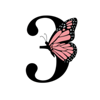 vivid, pink butterfly with intricate wing patterns rests on the numeral 3, creating a striking contrast cutouts png