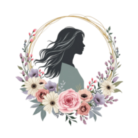 A silhouette of a woman with flowing hair is surrounded by a vibrant arrangement of flowers cutouts png