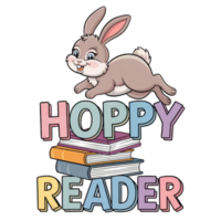 rabbit is hopping over a stack of colorful books, with the words Hoppy Reader written in bold letters. cutouts png