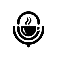 A stylized black icon combines a coffee cup with steam above it, merged with the shape of a classic microphone cutouts png