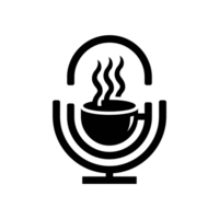 A stylized black graphic features a coffee cup with steam rising, surrounded by a microphone shape cutouts png
