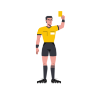A cartoon referee in a yellow shirt and black shorts holds up a yellow card, signifying a caution in a sports matc cutouts png