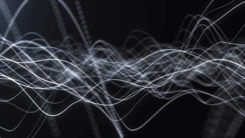 Abstract digital dynamic dark particle waves with light lights motion background, data flow, cyber technology. 3d rendering. Seamless video
