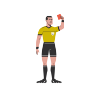 A soccer referee in a yellow jersey and black shorts holds up a red card, indicating a penalty. cutouts png
