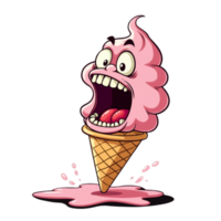 A pink ice cream cone is depicted with an exaggerated angry face, complete with wide eyes and an open mouth filled with teeth. cutouts png