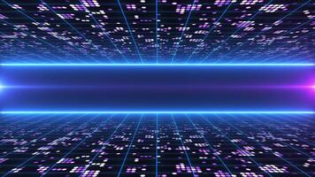 Abstract scene of futuristic cyber world, sci-fi grid or retro wireframe, technology glowing surface, neon night scene, digital science background 4K animation, seamless loop video