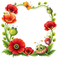 cartoon style playful flowers border with square frame is isolated on transparent background png