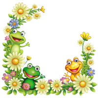 cartoon style flowers border with square frame and frogs is isolated on transparent background png