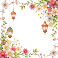 cartoon style border with square frame and lanterns is isolated on transparent background png