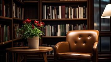 A chair and a vase of flowers in front of a bookcase photo