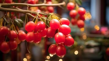 Red berries on a branch in front of a light photo