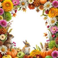 cartoon style flowers and mixture of animals border with square frame is isolated on transparent background png