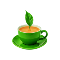 Green cup and plate of milk tea with tea leaf isolated on transparent background png