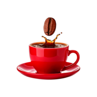 Red cup and plate of coffee with coffee seed fallen in it isolated on transparent background png