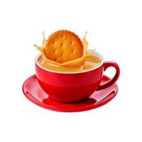 Red ceramic cup and plate of milk tea splash with salted biscuit fall in it isolated on transparent background png