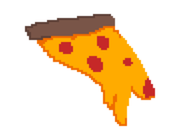 Isolated pixel art of a slice of hot pizza with melting mozzarella cheese falling down. png