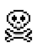 An isolated skull with two crossed bones pirates flag, drawn in pixel art style. Vertical orientation. png