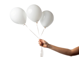 hand holds three white balloons, symbolizing celebration and joy. balloons are tied with strings, creating festive atmosphere png