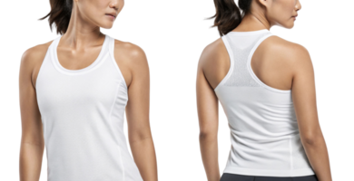 This features woman wearing white athletic tank top, showcasing both front and back views. top is designed for comfort and performance png