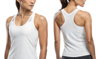 This features woman wearing white athletic tank top, showcasing both front and back views. tank top is designed for active wear, emphasizing png