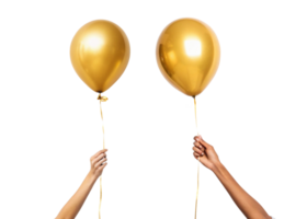 Golden balloons held by hands create festive atmosphere, perfect for celebrations and parties png