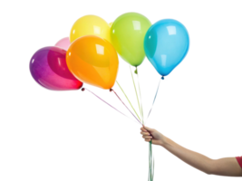 Colorful balloons in hand create festive atmosphere, perfect for celebrations and parties, evoking joy and excitement png